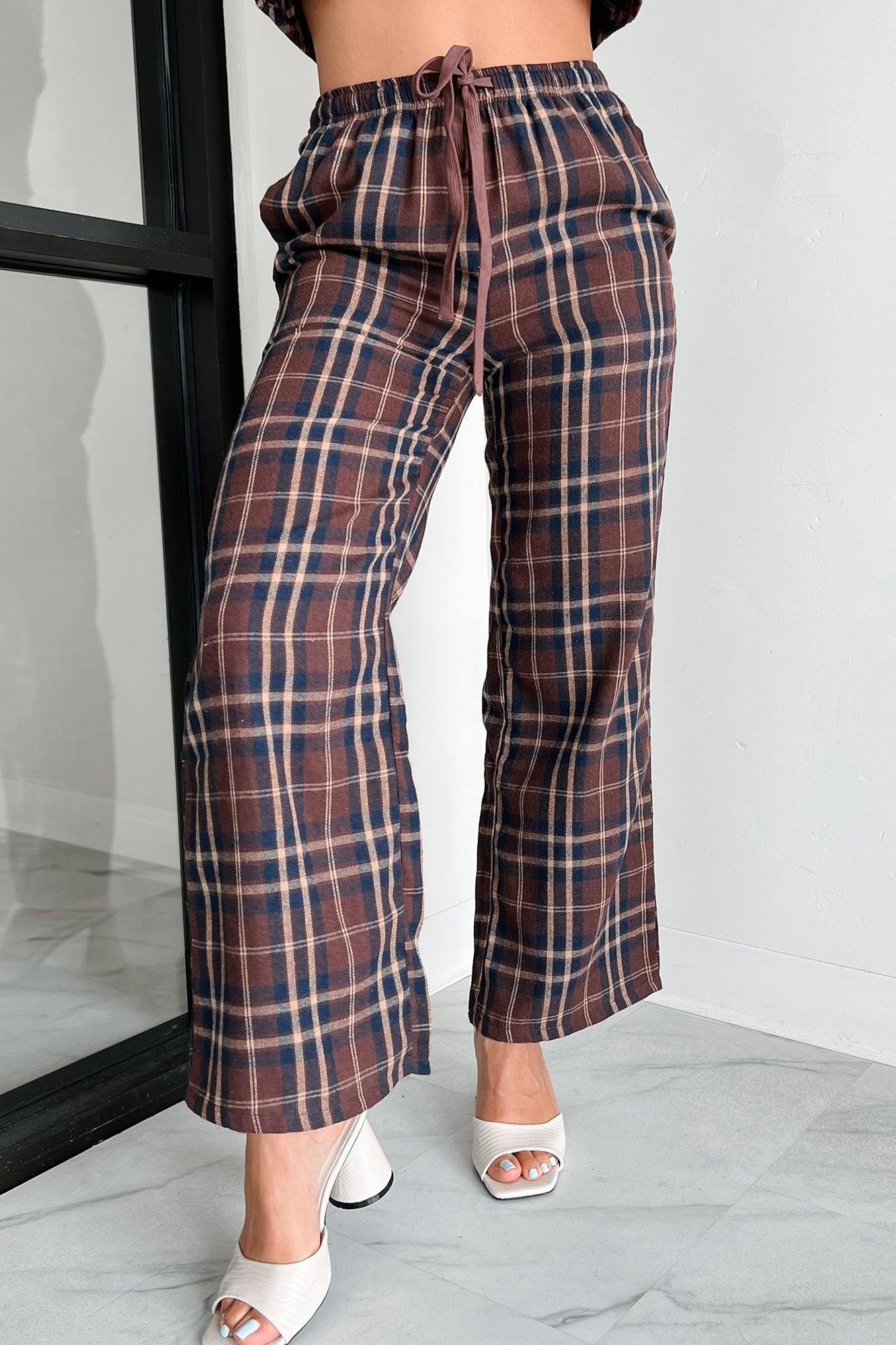 Picnics In September Plaid Flannel Two Piece Set (Brown/Navy)