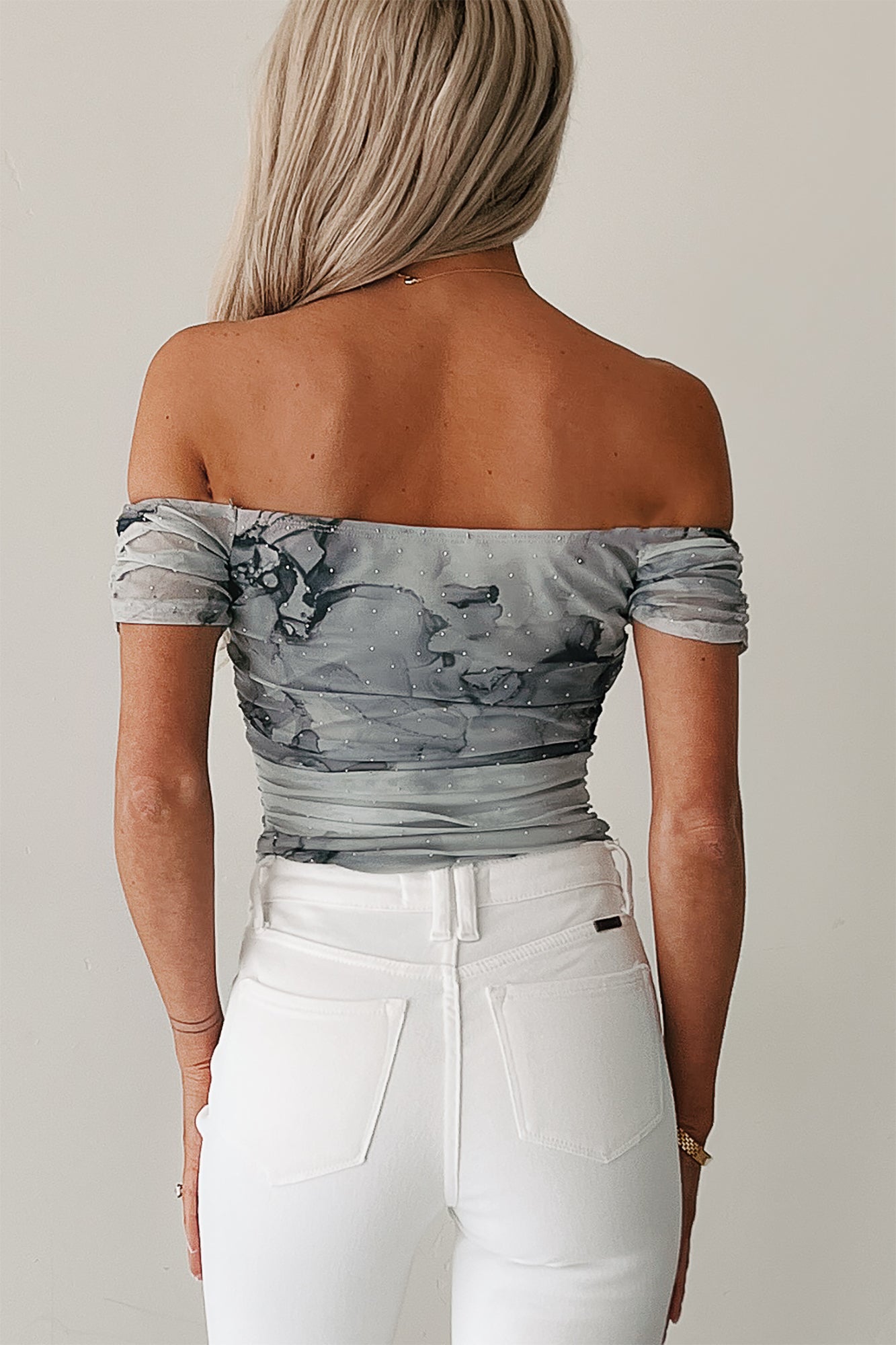 Starlit Sweetie Off The Shoulder Studded Mesh Bodysuit (Grey)